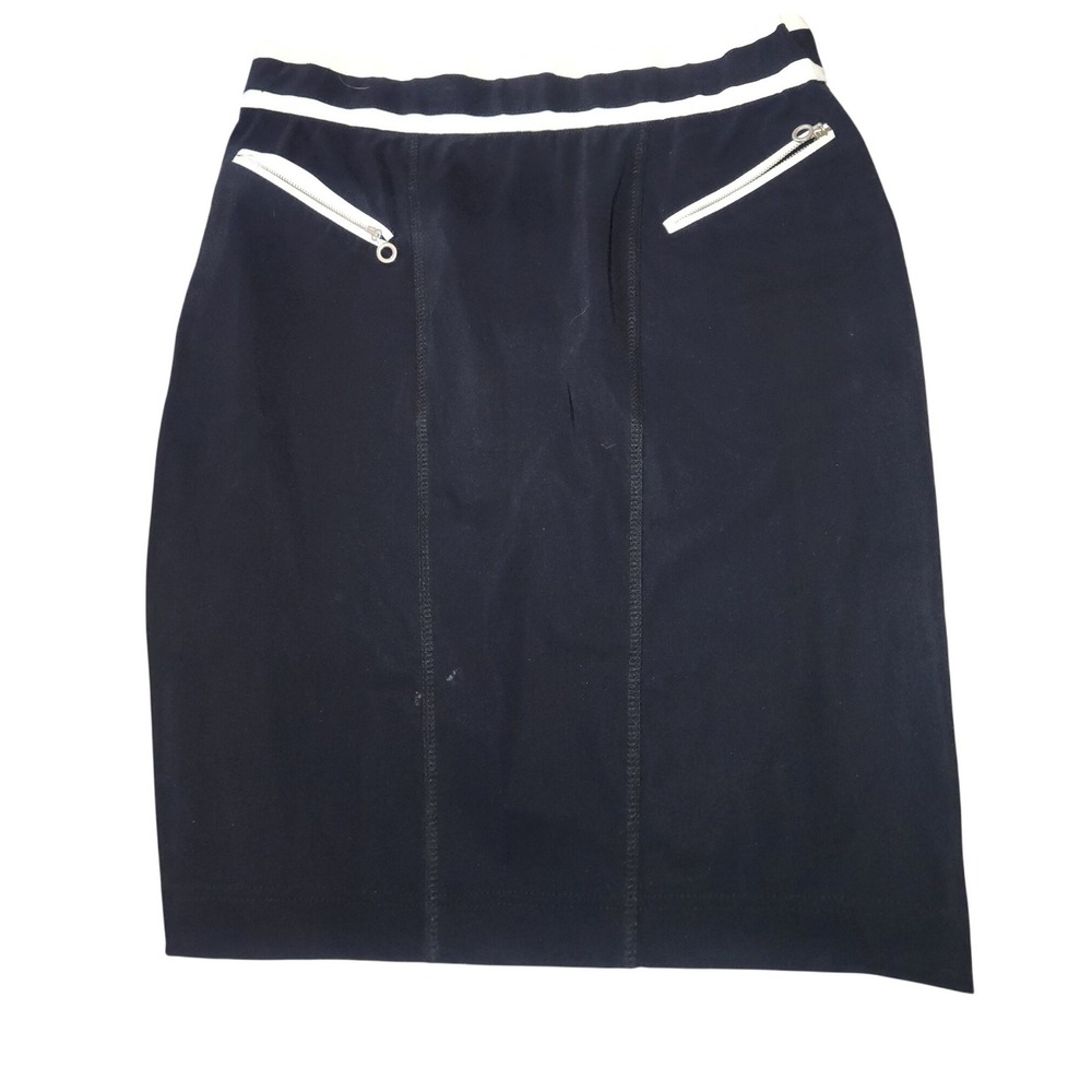 Riani Navy Blue White Striped Waist Zip Pocket Pencil Skirt Size US 8